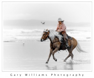 Photograph of horse and rider on a beach at Morro Bay, California
