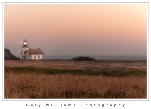 Photograph of Point Cabrillo Lighthouse at sunset near Russian Gulch in Northern California