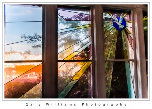 Photograph of a stained glass window in a Methodist Church on Bainbridge Island, Washington