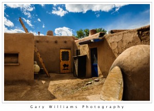 Photograph of an adobe buildings in the Taos Indian Pueblo, Taos, New Mexico